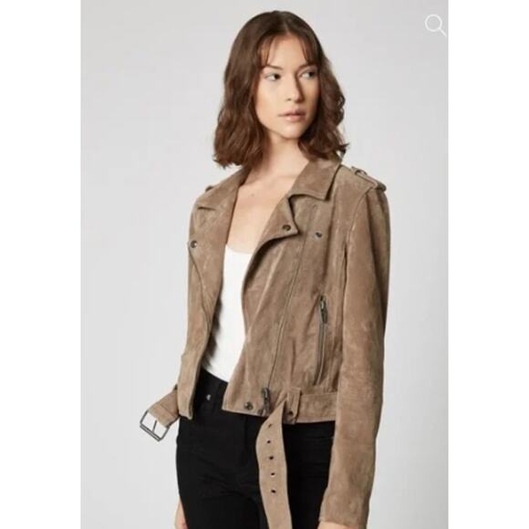 BlankNYC Beige Tan 100% Leather Suede Long Sleeve Zip Up Biker Moto Jacket Sz S - Picture 1 of 6